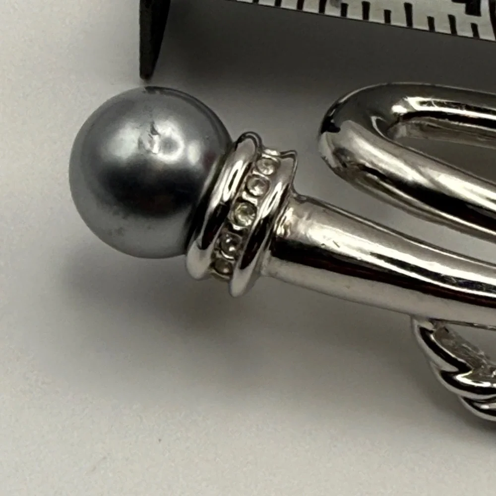 Vintage Silver Tone Abstract Brooch Grey Faux Pearl Crystal Accent Pin 3 Inch